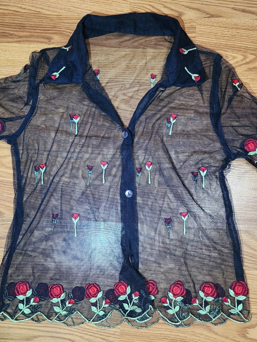 Y2K Sheer Mesh Rose Embroidered Top Women’s XS/S Fairy Grunge Goth Whimsygoth